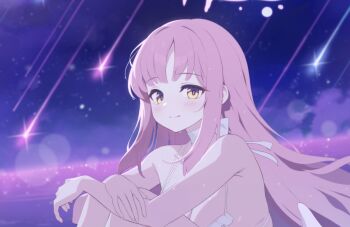 Rule 34 | 1girl, bare arms, bare shoulders, bikini, blue archive, dutch angle, frilled bikini, frills, highres, hugging own legs, long hair, looking at viewer, mika (blue archive), mika (swimsuit) (blue archive), official art, pink hair, shooting star, solo, swimsuit, twilight, wet, white bikini, yellow eyes