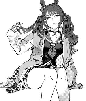 1girl animal_ears bare_legs breasts greyscale hair_ribbon highres horse_ears horse_girl jacket large_breasts long_hair monochrome open_clothes open_jacket otimusyairoha parted_lips playing_with_own_hair ribbon sailor_collar sitting sleeves_past_wrists solo tosen_jordan_(pop_joker)_(umamusume) tosen_jordan_(umamusume) twintails umamusume