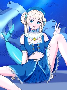 1girl absurdres arched_bangs belly blonde_hair blue_eyes blue_hat breasts commission detached_sleeves double_bun fang fins fish_girl fish_tail hair_bun hair_ornament hairclip hama_riri hammerhead_shark hat highres indie_virtual_youtuber long_hair looking_at_viewer navel open_mouth parallel_hairclips sailor_collar shark sharp_teeth sitting skin_fang skirt small_breasts solo tail teeth thick_eyebrows twintails very_long_hair virtual_youtuber white_sailor_collar