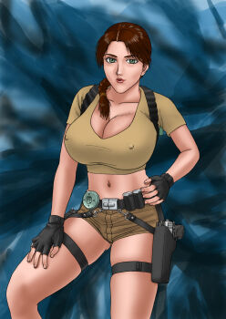 breasts brown_hair cleavage covered_erect_nipples fingerless_gloves gloves green_eyes highres huge_breasts karma-laboratory lara_croft ponytail tomb_raider
