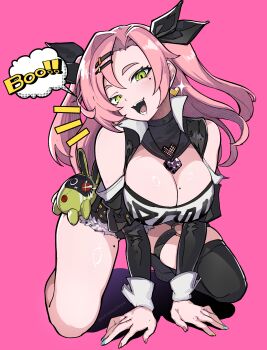 1girl all_fours amillion_(zenless_zone_zero) bangboo_(zenless_zone_zero) bare_shoulders black_ribbon black_shorts black_thighhighs breasts cleavage clothing_cutout commentary_request cutoffs earrings full_body green_eyes hair_ornament hairclip head_tilt heart heart_earrings heart_necklace highres jewelry large_breasts long_hair looking_at_viewer micro_shorts mole mole_on_breast mole_on_thigh mole_under_eye multicolored_nails necklace nicole_demara notice_lines open_mouth pink_background pink_hair ribbon ryuu_tou shorts shoulder_cutout single_thighhigh solo sparkle speech_bubble strapless stuffed_toy thighhighs tube_top two_side_up white_tube_top zenless_zone_zero