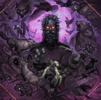 1boy ant bat_(animal) bear bird bug crow deer frog full_moon gecko glowing glowing_eyes grimora_(inscryption) inscryption insect leshy_(inscryption) looking_at_viewer magnificus_(inscryption) male_focus moon nishiki_areku official_art open_mouth ouroboros p03_(inscryption) praying_mantis rabbit shark snake squirrel stinkbug stinkbug_(inscryption) stoat_(inscryption) stunted_wolf_(inscryption) tentacles vulture wolf