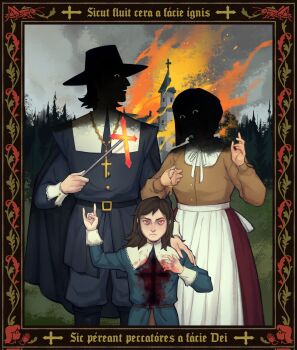 abaddon_(haunted_hotel) abaddon_(human)_(haunted_hotel) beads bleeding blood blood_on_clothes blood_on_hands branding_iron brown_hair cross demon demon_boy haunted_hotel highres holding_rosary latin_commentary latin_cross mebssann prayer_beads red_eyes rosary