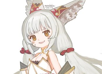 1girl animal_ear_fluff animal_ears artist_name breasts cat_ears cat_girl commentary_request dated fang grey_hair looking_at_viewer manabeku nia_(blade)_(xenoblade) nia_(xenoblade) simple_background smile solo upper_body white_background xenoblade_chronicles_(series) xenoblade_chronicles_2 yellow_eyes