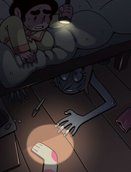 1boy 1girl colored_skin comforter dark_room discount-supervillain flashlight grin highres holding holding_flashlight nervous_sweating on_bed pajamas pearl_(steven_universe) pen scared smile socks steven_quartz_universe sweat under_bed white_skin white_socks wide-eyed wooden_floor yellow_pajamas