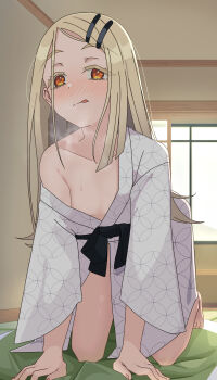 1girl absurdres all_fours architecture barefoot blonde_hair blush breasts collarbone commentary_request east_asian_architecture feet full-face_blush futon gakuen_idolmaster hair_ornament hairclip highres holding idolmaster indoors japanese_clothes kimono licking_lips long_hair long_sleeves looking_at_viewer orange_eyes parallel_hairclips parted_bangs shinosawa_hiro sidelocks single_off_shoulder small_breasts solo tatami thighs tongue tongue_out white_kimono wide_sleeves window yui081 yukata