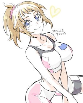 1girl arm_support artist_name bike_shorts blue_eyes breasts brown_hair cleavage dated gundam gundam_build_fighters gundam_build_fighters_try heart highres hoshino_fumina large_breasts legs looking_at_viewer medium_hair midriff ponytail sitting smile solo sports_bra thighs