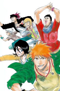 1girl 5boys abarai_renji belt black_hair black_headband bleach blonde_hair blue_eyes breasts brown_eyes chain chain_necklace closed_eyes collarbone denim father_and_son happy headband hirako_shinji hitsugaya_toushirou jacket jeans jewelry kubo_tite kuchiki_rukia kurosaki_ichigo kurosaki_isshin long_hair medium_hair multiple_boys necklace official_art orange_hair pants ponytail red_hair running scarf second-party_source short_hair simple_background small_breasts spiked_hair tank_top teeth white_background white_hair