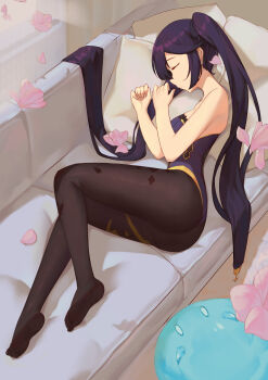 1girl absurdres black_pantyhose closed_eyes commentary couch full_body genshin_impact highres leotard long_hair lying mona_(genshin_impact) on_couch on_side pantyhose petals pillow pink_petals purple_hair purple_leotard sleeping slime_(genshin_impact) solo strapless strapless_leotard twintails yink