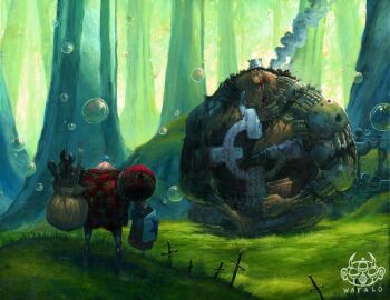 2boys acrylic_paint_(medium) animal_ears back bartholomew_kuma bear_ears bible_(object) black_hair black_shirt blood blood_on_face blue_hair bubble celtic_cross cross cyborg damaged forest franky_(one_piece) giant giant_male hat hawaiian_shirt highres injury long_hair multiple_boys nature no_pants on_grass on_ground one_piece painting_(medium) palm_tree_print pants planted planted_sword planted_weapon sack ship shirt short_hair smoke sword thousand_sunny tools torn_clothes torn_shirt traditional_media tree wafalo waiting watercraft weapon white_pants