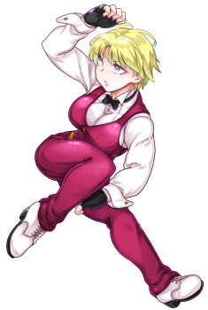 Rule 34 | 1girl, blonde hair, blue eyes, bow, bowtie, breasts, female focus, formal clothes, huge breasts, king (snk), large breasts, pants, shirt, shoes, short hair, suit, the king of fighters, thick thighs, thighs, tuxedo, vvv slider, white shirt