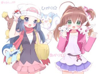 Rule 34 | 2girls, :d, ahoge, bag, beanie, black hair, blush, bracelet, brown hair, buneary, character name, character request, clenched hand, commentary, crossover, dawn (pokemon), duffel bag, gen 4 pokemon, green eyes, hat, highres, holding, holding poke ball, jacket, jewelpet (creature), jewelpet (series), jewelry, long hair, long sleeves, looking at viewer, mipi (u3u 00), multiple girls, nintendo, open clothes, open jacket, open mouth, pachirisu, pink skirt, piplup, pleated skirt, poke ball, pokemon, pokemon (creature), pokemon dppt, red scarf, sakura akari, scarf, shirt, skirt, sleeveless, sleeveless shirt, smile, symbol-only commentary, translation request, twintails, white background, white hat, yellow bag