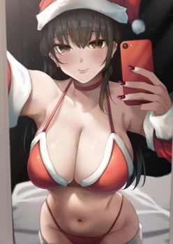 1girl :o bare_shoulders bell bikini black_hair blush bra breasts brown_eyes cellphone choker christmas cleavage closed_mouth curvy ear_piercing hat highres holding holding_phone indoors konata_(kankin_jk) large_breasts long_hair long_sleeves looking_at_viewer mishiranu_joshikousei_ni_kankin_sareta_mangaka_no_hanashi mole mole_on_neck nail_polish navel panties phone piercing red_bra red_choker red_nails red_panties revision ryouma_(galley) santa_bikini santa_costume santa_hat selfie smartphone smile solo swimsuit underwear