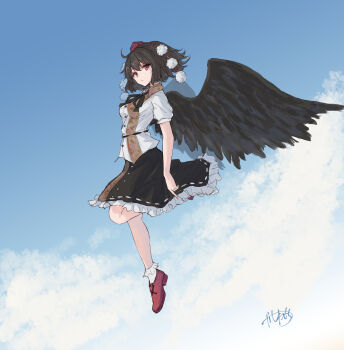 1girl :o absurdres black_hair black_ribbon black_skirt black_wings blue_sky bobby_socks breasts brown_shoes cloud commentary feathered_wings floating hat highres kashiwada_kiiho looking_at_viewer looking_to_the_side medium_breasts neck_ribbon pom_pom_(clothes) red_eyes ribbon shameimaru_aya shirt shoes short_hair signature skirt sky socks solo tokin_hat touhou white_shirt white_socks wings