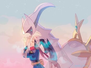 1girl akari_(pokemon) arceus black_hair black_sash blue_jacket closed_eyes from_side galaxy_expedition_team_survey_corps_uniform gen_4_pokemon gradient_sky headscarf jacket legendary_pokemon long_hair mythical_pokemon nintendo open_mouth outdoors p0ke_a0210 pokemon pokemon_(creature) pokemon_legends:_arceus ponytail red_scarf sash scarf sky smile star_(sky) starry_sky twilight twitter_username white_headscarf