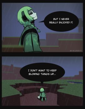 1girl absurdres artist_name black_border black_eyes border braid closed_mouth colored_skin commentary creeper english_commentary english_text grass green_hair green_shirt green_skin highres looking_up medium_hair mikuneki minecraft on_ground original outdoors personification rain sad shirt sitting solo speech_bubble tree twin_braids
