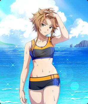 1girl bikini black_bikini blue_sky braid breasts cloud cloudy_sky collarbone cowboy_shot game_cg hand_in_own_hair hand_on_own_head horizon lens_flare looking_at_viewer medium_breasts multicolored_bikini navel official_art orange_bikini orange_eyes orange_hair outdoors parted_lips red_pupils shidou_maki_(toji_no_miko) short_hair_with_long_locks side_slit single_braid sky solo sparkle spiked_hair stomach swimsuit teeth third-party_source toji_no_miko toji_no_miko:_kizamishi_issen_no_tomoshibi two-tone_bikini wet