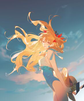 Rule 34 | 1girl, anniversary, ask (askzy), bare shoulders, beach, black ribbon, blonde hair, blue one-piece swimsuit, bow, brown hat, cloud, commentary request, ereshkigal (fate), ereshkigal (swimsuit beast) (fate), fate/grand order, fate (series), floating hair, flower, from side, hair ornament, hair ribbon, hat, hat flower, hat ribbon, highres, holding, holding unworn clothes, holding unworn hat, long hair, looking at viewer, ocean, one-piece swimsuit, open mouth, orange eyes, outdoors, red bow, red ribbon, ribbon, sky, smile, solo, standing, sun hat, swimsuit, twintails, two-tone one-piece swimsuit, unworn hat, unworn headwear, white one-piece swimsuit, yellow flower