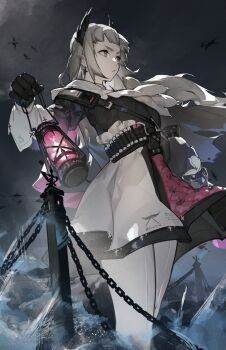 1girl absurdres ammunition_belt arknights bird black_gloves black_jacket capelet chain cloud cloudy_sky dark_cloud earrings eye_reflection feet_out_of_frame front-seamed_legwear gloves grey_eyes grey_hair gun handgun head_wings high-waist_skirt highres holding holding_lantern holding_sword holding_weapon holstered irene_(arknights) jacket jewelry kuno_(runkunochan) lantern long_hair long_sleeves ocean outdoors pantyhose parted_lips purple_skirt rapier reflection scar scar_across_eye scar_on_face seamed_legwear short_bangs sidelocks skirt sky solo standing storm sword thighs weapon white_capelet white_pantyhose white_skirt wings