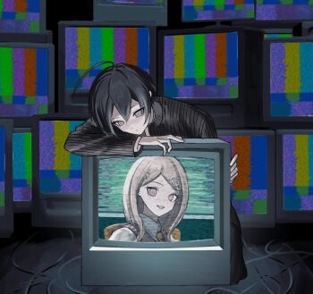 1boy 1girl ahoge akamatsu_kaede black_hair black_jacket blonde_hair brown_eyes collared_shirt commentary crt danganronpa_(series) danganronpa_v3:_killing_harmony empty_eyes eyelashes hair_between_eyes highres jacket kneeling long_sleeves looking_at_viewer necktie pants pink_eyes pink_vest saihara_shuichi shirt short_hair smile static striped_clothes sukizukiko vest wire