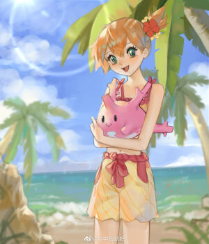 1girl :d bare_arms bare_shoulders beach bikini blue_sky blush cloud corsola cowboy_shot day eyelashes flower gen_2_pokemon grass green_eyes hair_between_eyes hair_flower hair_ornament holding holding_pokemon lens_flare looking_at_viewer misty_(pokemon) navel nintendo ocean open_mouth orange_hair outdoors palm_tree pokemon pokemon_(anime) pokemon_(classic_anime) pokemon_(creature) pokemon_rgby ponytail red_flower rock sand shore short_hair shorts side_ponytail sky smile standing sun swimsuit tongue tree water yellow_flower yellow_shorts