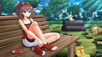 Rule 34 | 1girl, :q, bare arms, bare shoulders, bench, bike shorts, black shorts, blue eyes, blue sky, boots, breasts, brown hair, camisole, cleavage, closed mouth, cloud, collarbone, day, gen 3 pokemon, hair ribbon, hairband, high ponytail, highres, industrial pipe, kazenokaze, looking at viewer, may (pokemon), medium breasts, minun, mountain, nintendo, on bench, outdoors, park bench, plusle, pokemon, pokemon (creature), pokemon oras, ponytail, red camisole, red hairband, red ribbon, red socks, ribbon, seesaw, short shorts, shorts, shorts under shorts, sky, smile, sock pull, socks, solo focus, tongue, tongue out, tree, undressing, unworn boots, white shorts, yellow boots