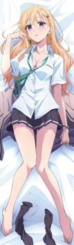 1girl absurdres ayase_saki bare_legs bed_sheet black_skirt black_socks blazer blonde_hair blush breast_pocket breasts brown_jacket cleavage closed_mouth collarbone collared_shirt dakimakura_(medium) dot_nose earrings feet female_focus full_body gimai_seikatsu green_necktie hair_ornament hairclip highres jacket jewelry legs long_hair long_image looking_at_viewer lying medium_breasts miniskirt necklace necktie no_bra official_art on_back open_mouth pleated_skirt pocket purple_eyes school_uniform sexually_suggestive shirt short_sleeves skirt socks solo solo_focus thighs toes unworn_blazer unworn_jacket white_shirt