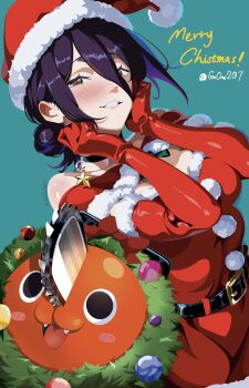 Rule 34 | 1girl, absurdres, artist name, belt, black belt, black choker, breasts, chainsaw man, choker, christmas wreath, dress, elbow gloves, fangs, fur-trimmed dress, fur trim, gloves, goone207, green eyes, grenade pin, hair between eyes, hair bun, hand on own face, hat, highres, looking at viewer, medium hair, open mouth, pochita (chainsaw man), purple hair, red dress, red gloves, red hat, reze (chainsaw man), santa costume, santa dress, santa hat, small breasts, wreath