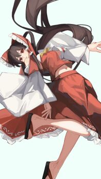 1girl ascot bow brown_hair commentary detached_sleeves expressionless floating_hair frilled_bow frilled_skirt frills hair_bow hakurei_reimu highres hirachill16 long_hair looking_at_viewer midriff_peek navel nontraditional_miko parted_lips red_bow red_eyes red_shirt red_skirt sandals shirt simple_background skirt skirt_set solo touhou very_long_hair white_background wide_sleeves yellow_ascot zouri