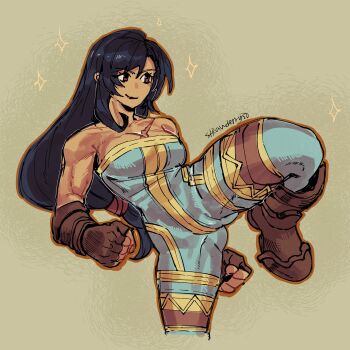 1girl absurdres artist_name black_hair bodysuit boots brown_boots clenched_hands cropped_legs fighting_stance final_fantasy final_fantasy_tactics final_fantasy_vii highres leotard long_hair monk monk_(fft) no_nose red_eyes scar smile sparkle strawderryst tifa_lockhart