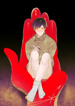 Rule 34 | 1boy, bare legs, black hair, colored extremities, giant hand, highres, kagome shoutarou, kurosawa (adelta), legs, male focus, no pants, official art, orange eyes, red hands, socks, solo, sweater, uuultra c, white socks