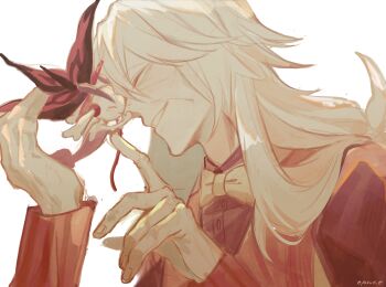 1boy absurdres antennae arms_up az_(pokemon) black_shirt bow bowtie closed_eyes commentary_request floette floette_(eternal) flower gen_6_pokemon hand_on_another&#039;s_face highres holding holding_flower long_hair long_sleeves male_focus nintendo noah_9556 old parted_bangs pokemon pokemon_(creature) pokemon_legends:_z-a shirt simple_background smile solo twitter_username vest white_background white_hair wrinkled_skin