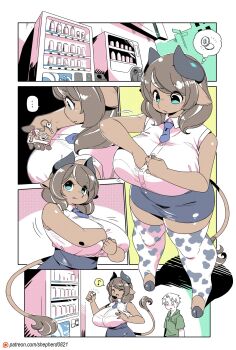 ... 1boy 1girl animal_ears animal_print breasts commentary cow_ears cow_girl cow_horns cow_print cow_tail digitigrade english_commentary furry highres horns huge_breasts limited_palette modern_mogal musical_note patreon_logo patreon_username shepherd0821 sleeveless spoken_ellipsis spoken_money spoken_musical_note tail vending_machine watermark web_address