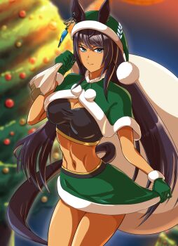 1girl abs animal_ears bag black_hair blue_eyes breasts capelet cleavage closed_mouth commentary_request difkworks earrings ears_through_headwear fur-trimmed_capelet fur-trimmed_gloves fur-trimmed_headwear fur-trimmed_skirt fur_trim gift gloves green_capelet green_gloves green_hat green_skirt hat highres holding holding_bag horse_ears horse_girl horse_tail jewelry long_hair looking_at_viewer medium_breasts navel santa_hat single_earring skirt smile solo stomach symboli_kris_s_(umamusume) tail toned umamusume very_long_hair