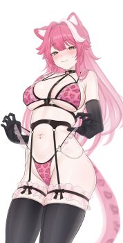 1girl animal_ears animal_print black_gloves black_thighhighs blush bra breasts center-flap_bangs chest_harness cleavage closed_mouth double-parted_bangs elbow_gloves frilled_bra frilled_thigh_strap frills garter_belt gloves harness highleg highleg_panties highres hololive hololive_english large_breasts leopard_print leopard_print_bra leopard_print_panties long_hair looking_at_viewer multicolored_hair navel navel_piercing panther_ears panther_girl panther_tail panties piercing pink_bra pink_hair pink_panties print_bra print_panties raora_panthera sidelocks simple_background solo stomach strap_pull streaked_hair sweatdrop tail thigh_strap thighhighs tojo_aoi underwear underwear_only very_long_hair virtual_youtuber white_background white_hair yellow_eyes