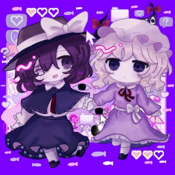 ! 2girls ? black_capelet black_hat black_skirt blonde_hair border bow capelet collared_dress commentary cursor disembodied_eye dress expressionless eyepatch fish folder foot_up_heel_up frilled_dress frilled_sleeves frills gap_(touhou) hat hat_bow head_tilt health_bar heart holding_hands long_sleeves maribel_hearn medium_hair multiple_girls neck_ribbon necktie open_mouth pill purple_border purple_dress purple_eyes purple_hair red_necktie red_ribbon ribbon ribbon-trimmed_capelet ribbon_trim shirt skirt sleepwalk_zzz spoken_question_mark standing standing_on_one_leg touhou untucked_shirt usami_renko weirdcore white_shirt