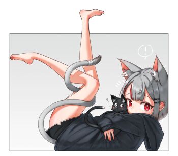! ? animal animal_ear_fluff animal_ears animal_hug bare_legs barefoot black_cat black_hoodie black_shorts cat cat_ears cat_girl cat_tail dolphin_shorts ear_piercing extra_ears grey_hair highres hood hood_down hoodie long_sleeves looking_at_viewer lying multicolored_hair neneko_mashiro on_back piercing red_eyes red_hair short_hair shorts spoken_exclamation_mark sseonyu stellive streaked_hair tail two-tone_hair virtual_youtuber