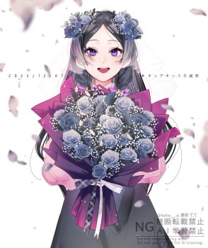 Rule 34 | 1girl, aoi tete, birthday, birthday party, black flower, black hair, black rose, blue flower, blue rose, blurry, blurry foreground, bouquet, braid, bridal veil, commentary, falling petals, flower, hair flower, hair ornament, hair ribbon, hair tie, happy birthday, highres, holding, holding bouquet, kimi to idol precure, long hair, long skirt, low twin braids, meroron (civilian) (precure), meroron (precure), motion blur, open mouth, parted bangs, petals, pink shirt, precure, purple eyes, ribbon, rose, shirt, skirt, smile, solo, solo focus, twin braids, twitter username, upper body, veil, watermark