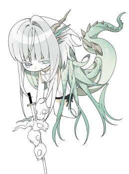 1girl animal_skull chibi colored_eyelashes dmdrk_(ha_ha) dragon_girl dragon_horns dragon_tail full_body green_eyes green_hair heterochromia highres horns long_hair looking_at_viewer original ringed_eyes simple_background solo sword tail very_long_hair weapon white_background white_hair