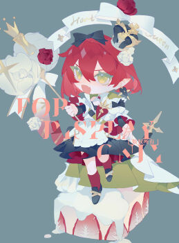 1girl apron bare_shoulders black_bow black_flower black_rose bow cake cake_slice chibi chibi_only crown dress english_text flower food fork frilled_dress frills fruit full_body green_eyes hair_between_eyes hair_bow hair_flower hair_ornament highres jewelry liulianjingrua mini_person open_mouth original pointy_ears red_flower red_hair red_rose red_socks rose shoes short_hair simple_background socks solo standing standing_on_one_leg strawberry strawberry_shortcake white_flower white_rose