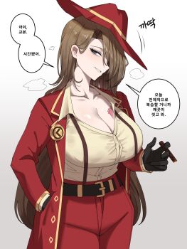 Rule 34 | 1girl, belt, black belt, black gloves, blue eyes, breasts, brown hair, chest tattoo, cigar, cleavage, coat, collarbone, commentary request, gloves, hat, heart, heart tattoo, highres, holding, holding cigar, korean commentary, korean text, layer (layer illust), limbus company, long hair, long sleeves, pants, project moon, red coat, red hat, red pants, rodion (project moon), simple background, smile, solo, speech bubble, tattoo, translation request, white background