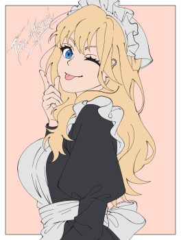 1girl alternate_costume artist_name blonde_hair blue_eyes border commentary dc_comics english_commentary enmaided flat_color highres juliet_sleeves long_hair long_sleeves looking_at_viewer maid maid_headdress one_eye_closed outside_border puffy_sleeves simple_background smile solo stephanie_brown the_hikari tongue tongue_out white_border