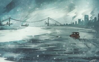 Rule 34 | 1other, antique car, bridge, building, driving, frozen lake, original, outdoors, river, scenery, ship, signature, skid mark, skyline, smoke, snowing, watercraft, winter, zandra