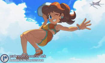 1girl aqua_trim blue_eyes blue_sky breasts brown_hair cloud crop_top earrings flower_earrings full_body hat jewelry large_breasts long_hair looking_at_viewer mario_(series) mario_kart mario_kart_world midriff nintendo official_alternate_costume one_eye_closed open_mouth orange_shorts orange_sports_bra orlek outdoors ponytail princess_daisy princess_daisy_(swimwear)_(mario_kart_world) sandals shorts sky smile solo sports_bra white_hat yellow_shorts yellow_sports_bra