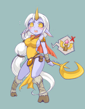 Rule 34 | 1girl, blue skin, blush, colored skin, female focus, hooves, horns, league of legends, long hair, open mouth, pointy ears, ponytail, single horn, solo, soraka (league of legends), speech bubble, staff, very long hair, yan531, yellow eyes