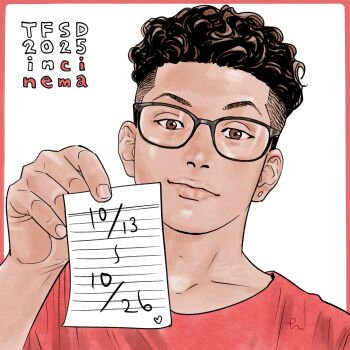 1boy bespectacled black_hair brown_eyes closed_mouth commentary_request fingernails glasses highres holding holding_paper inoue_takehiko lips looking_at_viewer male_focus miyagi_ryouta nose official_art paper portrait red_shirt shirt short_hair simple_background slam_dunk_(series) solo t-shirt white_background