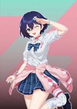 1girl absurdres armband belle_(zenless_zone_zero) black_shoes blue_bow blue_bowtie blue_hair blue_skirt bow bowtie choker clothes_around_waist collared_shirt commentary_request crossed_bangs hair_ornament hairclip heart heart_necklace highres jacket jacket_around_waist jewelry leg_up leg_warmers looking_at_viewer necklace one_eye_closed open_mouth pink_choker pink_jacket salute sasaki3rd shirt shoes simple_background skirt smile solo striped_clothes striped_skirt white_leg_warmers zenless_zone_zero