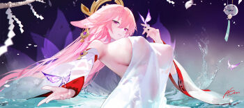 1girl adapted_costume animal_ears breasts commentary_request crystalfly_(genshin_impact) detached_sleeves dress floppy_ears fox_ears genshin_impact large_breasts long_hair looking_at_viewer nontraditional_miko omone_hokoma_agm outstretched_arm parted_lips pink_hair purple_background purple_eyes reaching reaching_towards_viewer sideboob solo water wet wet_clothes white_dress wide_sleeves yae_miko