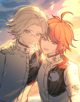 2boys ahoge alternate_hair_length alternate_hairstyle aotsuki_eito armband black_hair blue_eyes buttons chinese_commentary closed_mouth commentary_request eyelashes film_grain glasses gloves grey_hair hair_between_eyes hand_on_another's_shoulder high_collar highres jacket long_hair low_ponytail male_focus multicolored_hair multiple_boys official_alternate_color open_mouth outdoors ponytail rectangular_eyewear red_hair semi-rimless_eyewear side_ponytail sky smile streaked_hair sumino_takumi tangshuiqin the_hundred_line_-last_defense_academy- twilight two-tone_hair white_armband white_gloves white_jacket