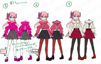 Rule 34 | 1girl, alternate color, black leggings, bow, choker, commentary request, dead apostle noel (tsukihime), detached sleeves, hair between eyes, high heels, highres, leggings, long hair, melty blood, melty blood: type lumina, metarogu, noel (tsukihime), official alternate costume, official art, pink hair, red eyes, red shoes, red skirt, reference sheet, shirt, shoes, sidelocks, skirt, smile, tsukihime, tsukihime (remake), two side up, white shirt